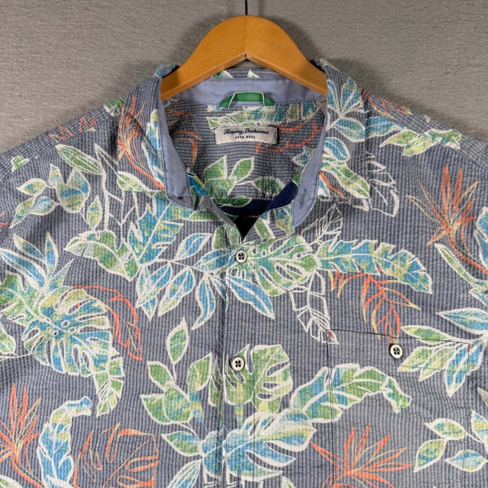 Tommy Bahama Nova Wave Mens XXL Blue Tropical Floral Seersucker Button Up Shirt - Picture 3 of 12